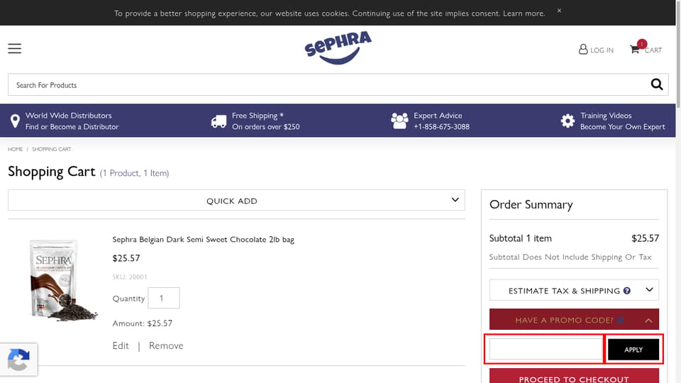 Sephra USA checkout page showing the Have a Promo Code? field and Apply button