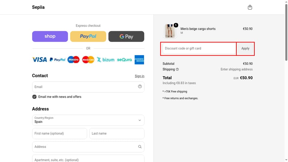 Sepiia checkout page showing the Discount code or gift card field and Apply button