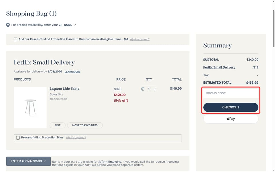 Serena & Lily checkout page showing the PROMO CODE field and CHECKOUT button