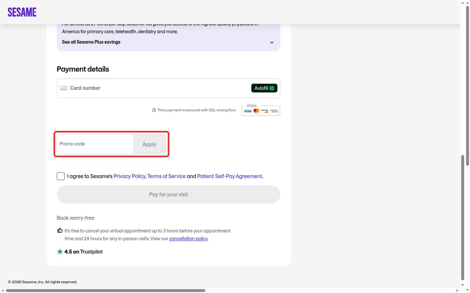 Sesame Care checkout page showing the Promo code field and Apply button