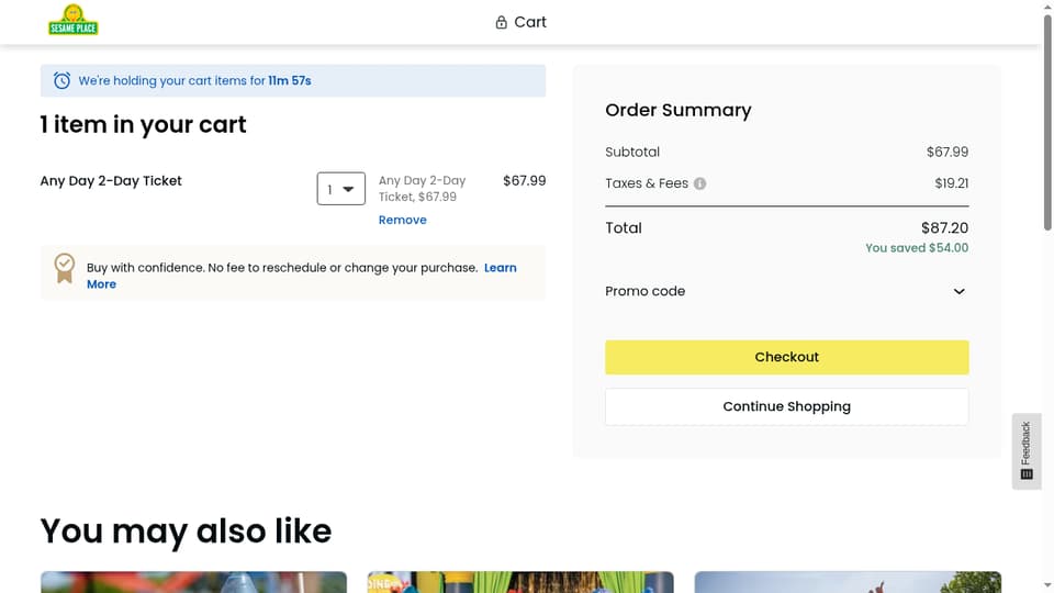 Sesame Place checkout page showing the Enter promo code field and Apply button