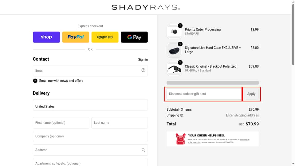 Shady Rays checkout page showing the Discount code or gift card field and Apply button