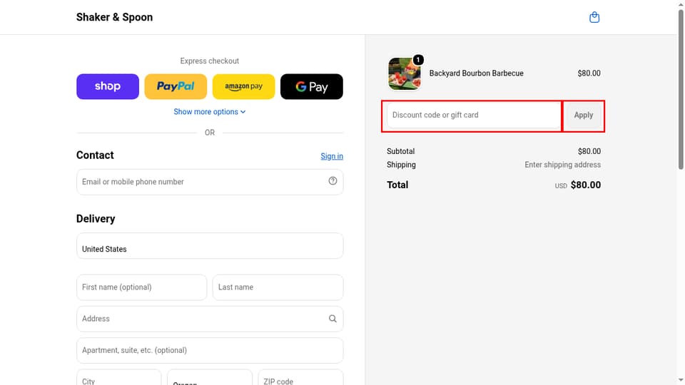 Shaker & Spoon checkout page showing the Discount code or gift card field and Apply button