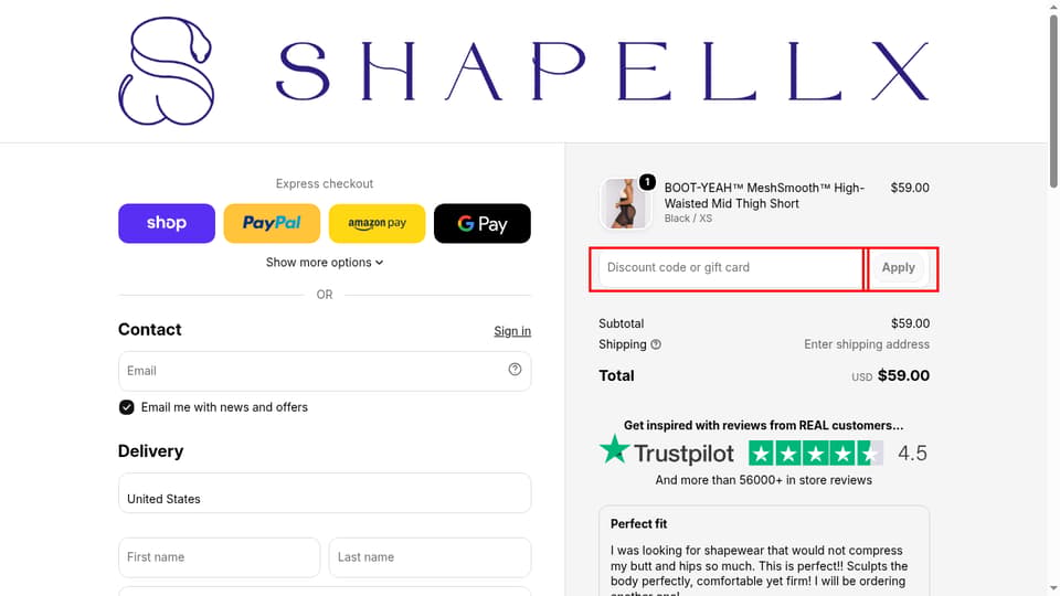 Shapellx checkout page showing the Discount code or gift card field and Apply button