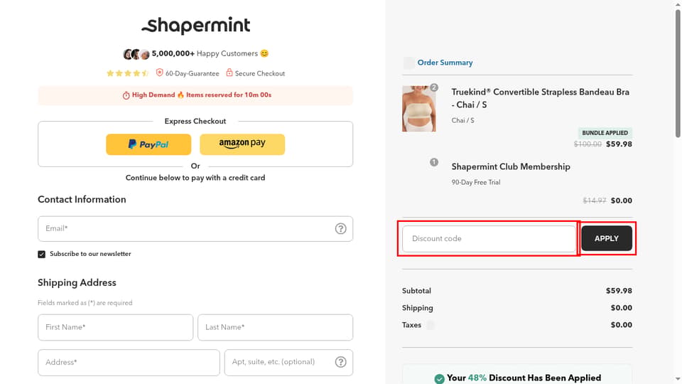 Shapermint checkout page showing the Discount code field and Apply button