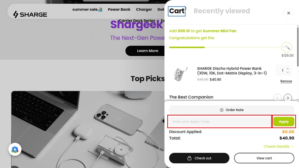 SHARGE checkout page showing the Enter your Apply Code field and Apply button