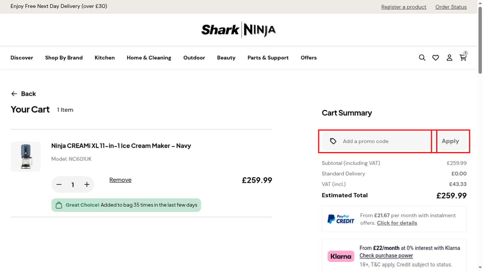 SharkNinja UK checkout page showing the Add a promo code field and Apply button