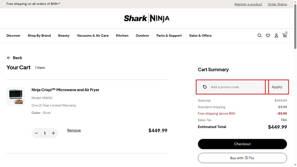 SharkNinja checkout page showing the Add a promo code field and Apply button