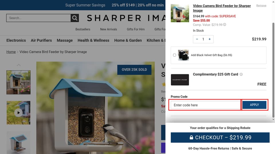Sharper Image checkout page showing the Enter code here field and APPLY button