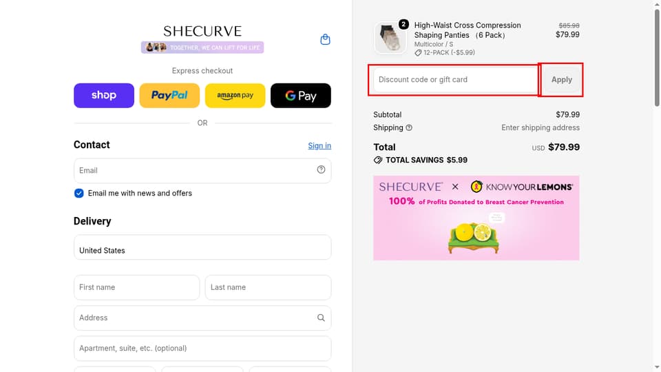 SheCurve checkout page showing the Discount code or gift card field and Apply button