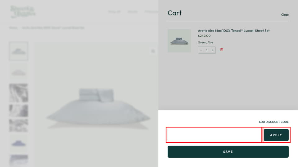 Sheets & Giggles checkout page showing the Discount code field and Apply button