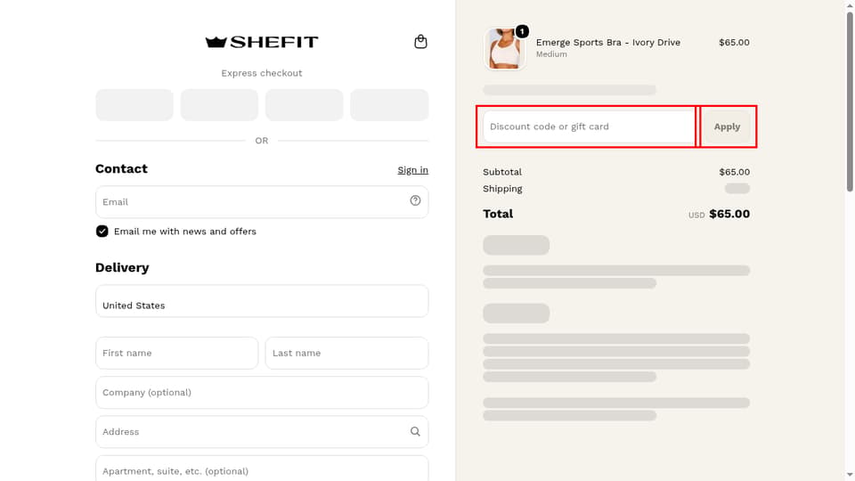 SHEFIT checkout page showing the Discount code or gift card field and Apply button