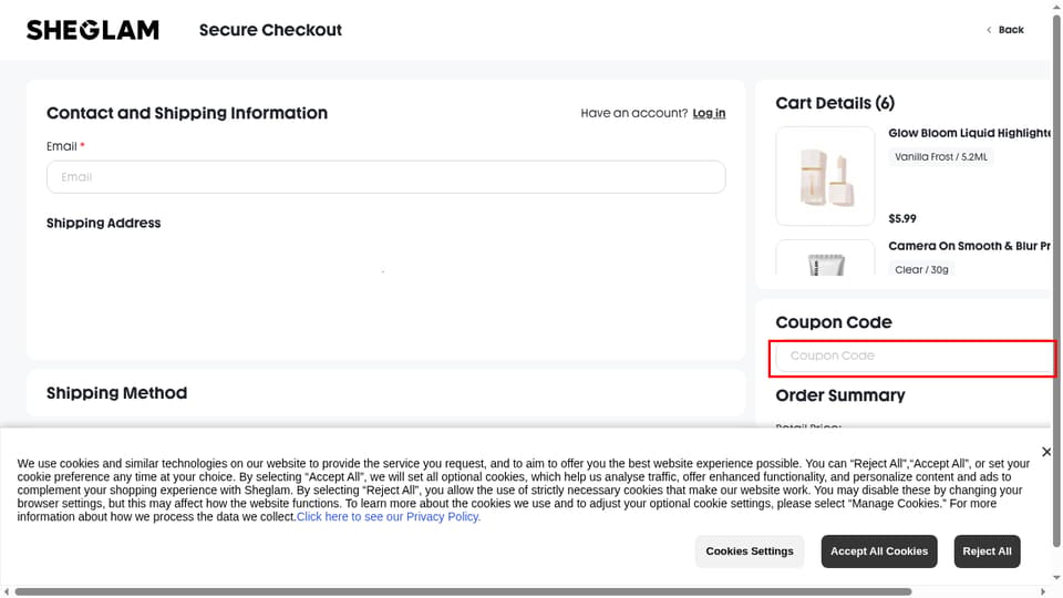 SHEGLAM checkout page showing the Coupon Code field and Apply button