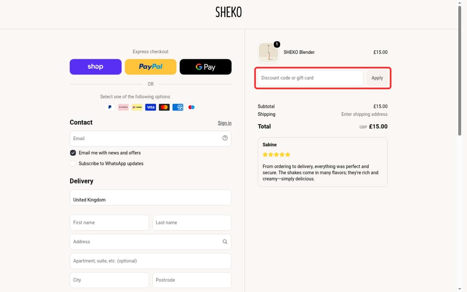 SHEKO checkout page showing the Discount code or gift card field and Apply button