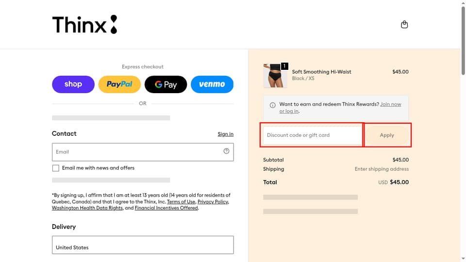 Thinx checkout page showing the Discount code or gift card field and Apply button