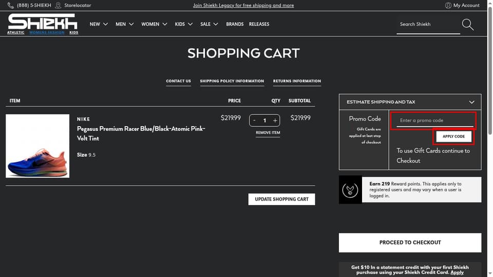 Shiekh checkout page showing the Enter a promo code field and Apply Code button