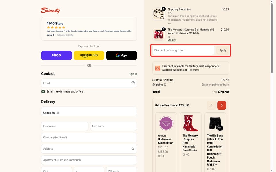 Shinesty checkout page showing the Discount code or gift card field and Apply button