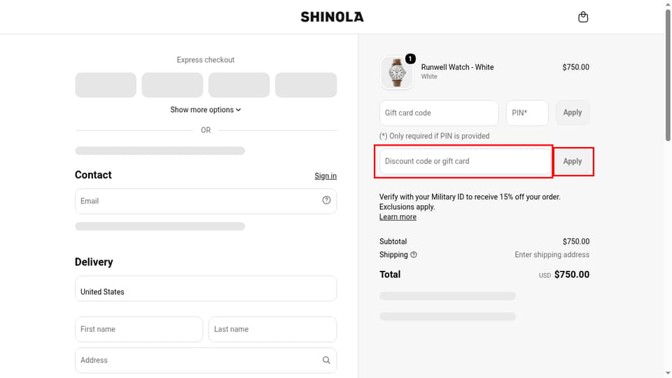 Shinola checkout page showing the Discount code or gift card field and Apply button