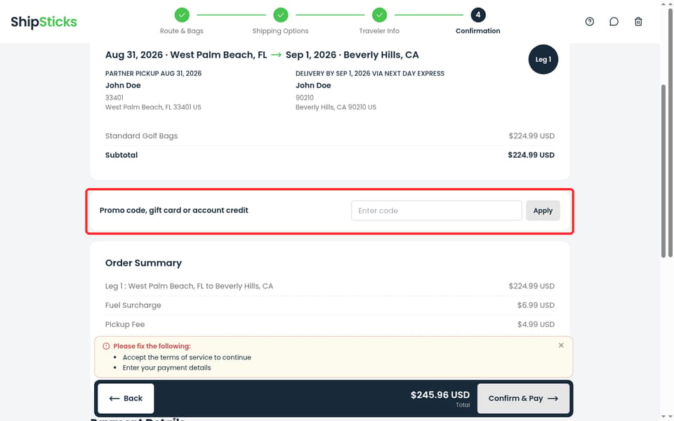 Ship Sticks checkout page showing the Promo code, gift card or account credit field and Apply button