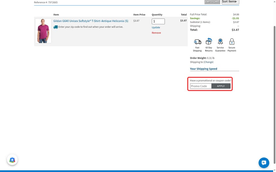 ShirtSpace checkout page showing the Promo Code field and APPLY button