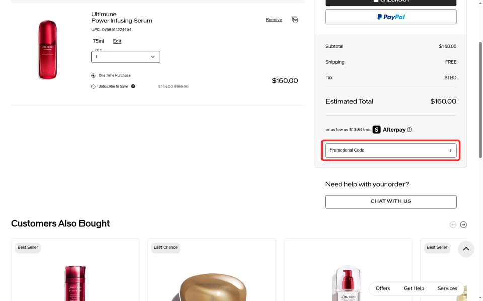 Shiseido checkout page showing the Promotional Code field and Apply button