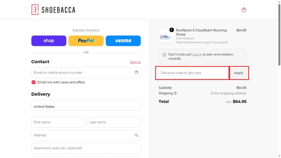 Shoebacca checkout page showing the Discount code or gift card field and Apply button
