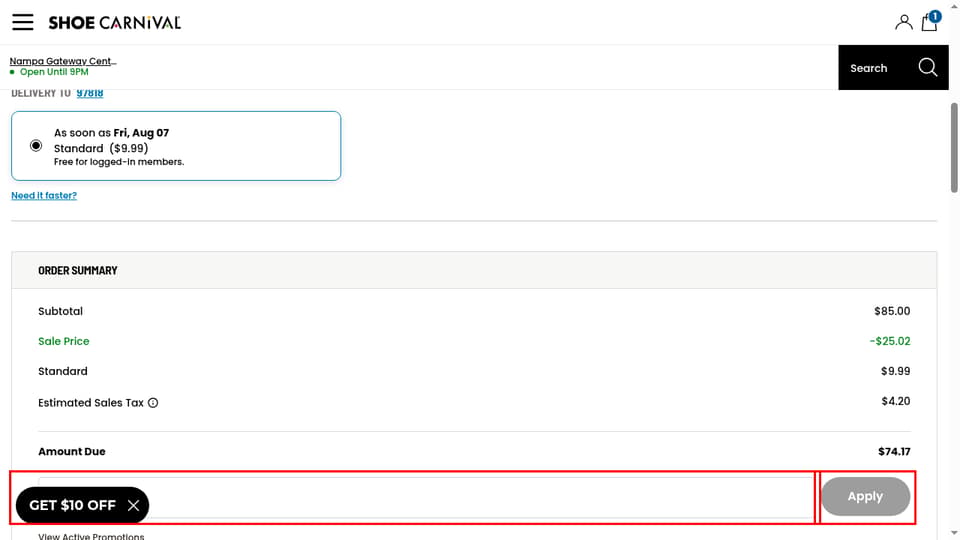 Shoe Carnival checkout page showing the Enter a promo field and Apply button
