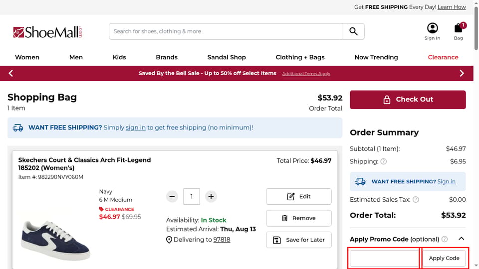 ShoeMall checkout page showing the Promo Code field and Apply Code button