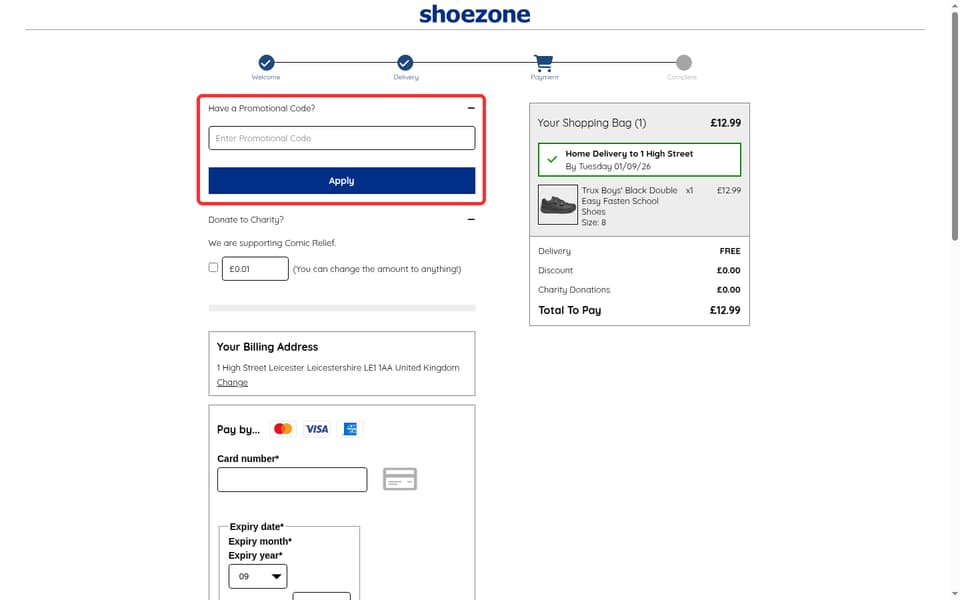 Shoe Zone checkout page showing the Enter Promotional Code field and Apply button