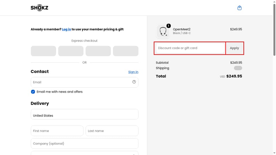 Shokz checkout page showing the Discount code or gift card field and Apply button