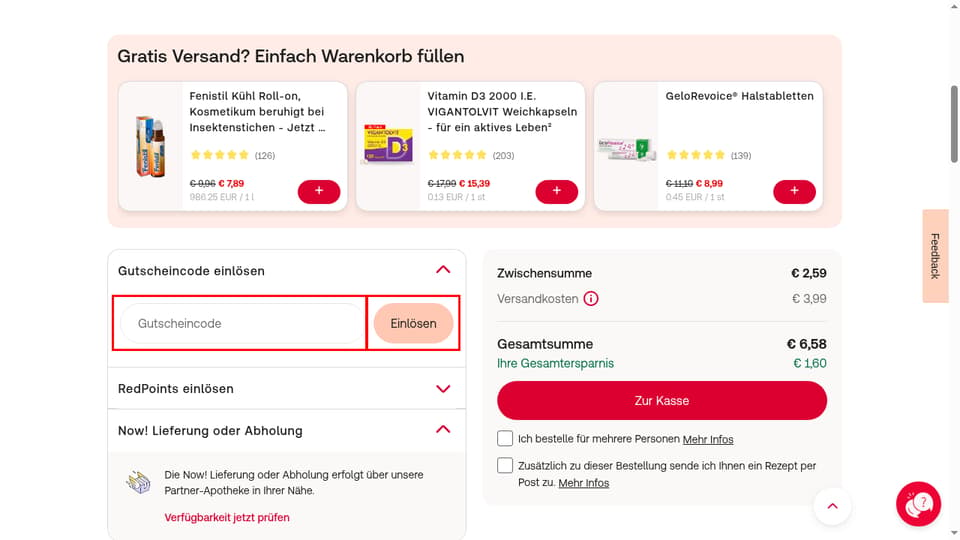 Shop Apotheke checkout page showing the Gutscheincode field and Einlösen button