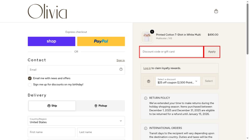 Olivia Boutique checkout page showing the Discount code or gift card field and Apply button