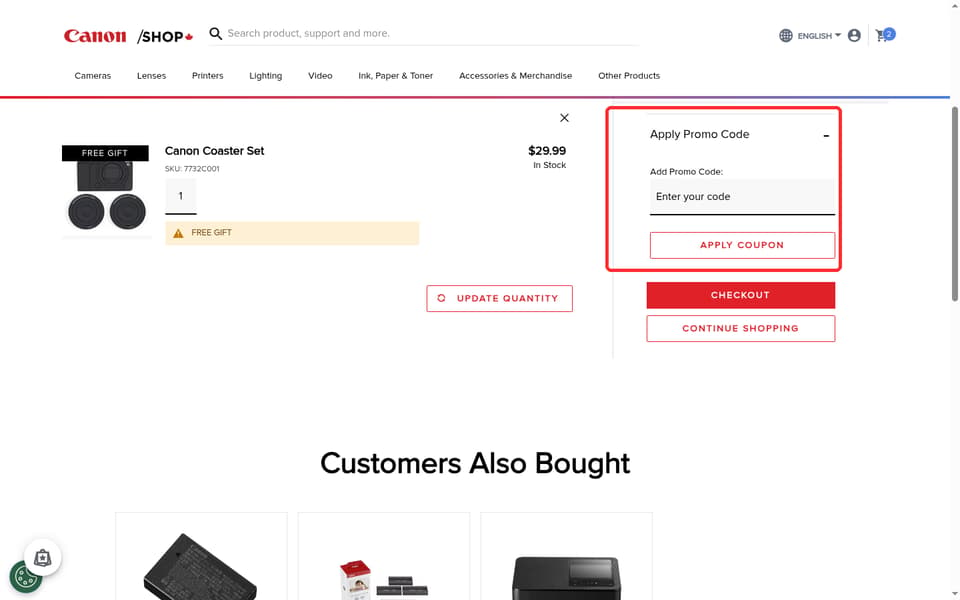 Canon Canada checkout page showing the Enter your code field and Apply Coupon button