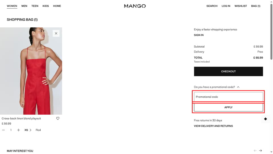 Mango checkout page showing the Promotional code field and Apply button