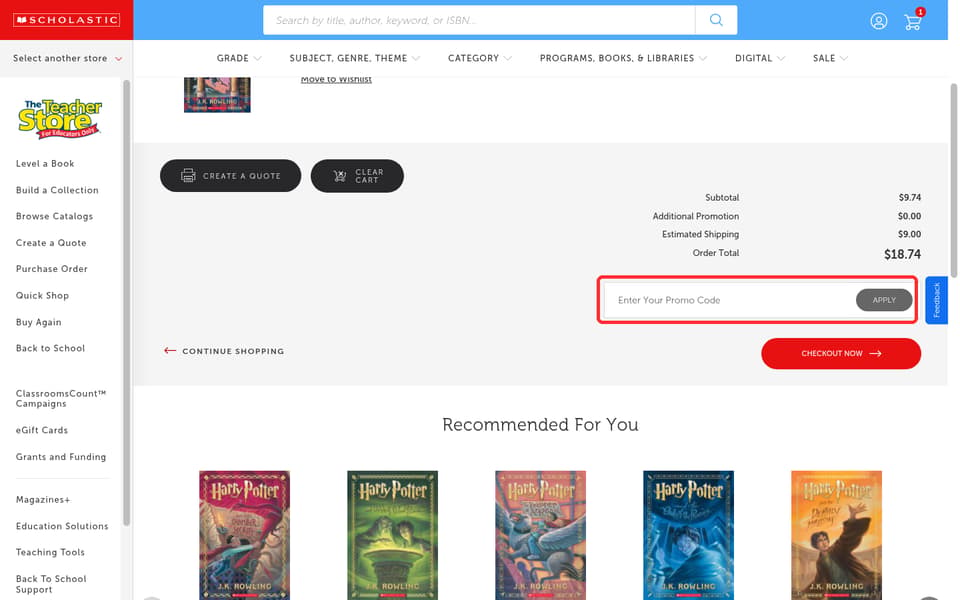 Scholastic Store checkout page showing the Enter Your Promo Code field and Apply button