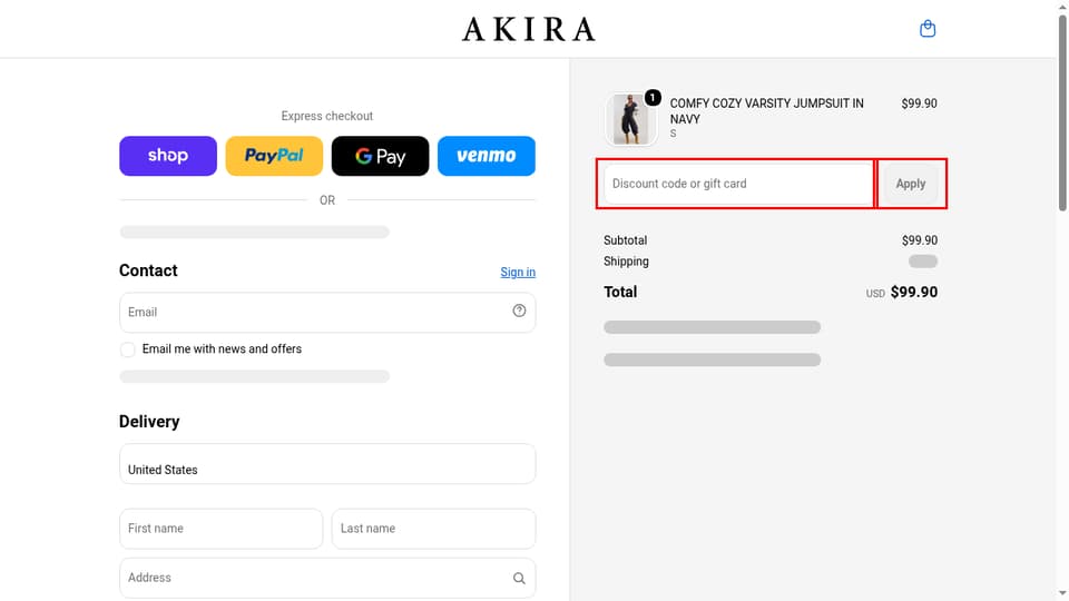 AKIRA checkout page showing the Discount code or gift card field and Apply button