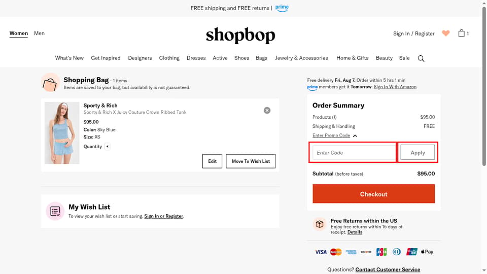 Shopbop checkout page showing the Enter Code field and Apply button
