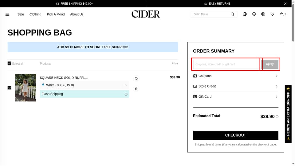 Cider checkout page showing the coupons, store credit or gift card field and Apply button