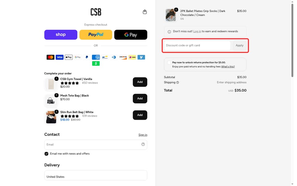 CSB checkout page showing the Discount code or gift card field and Apply button