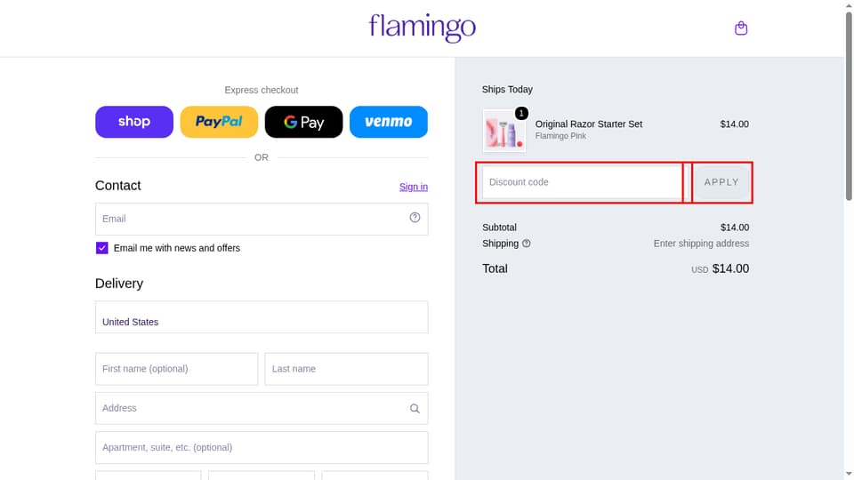 Flamingo checkout page showing the Discount code field and Apply button