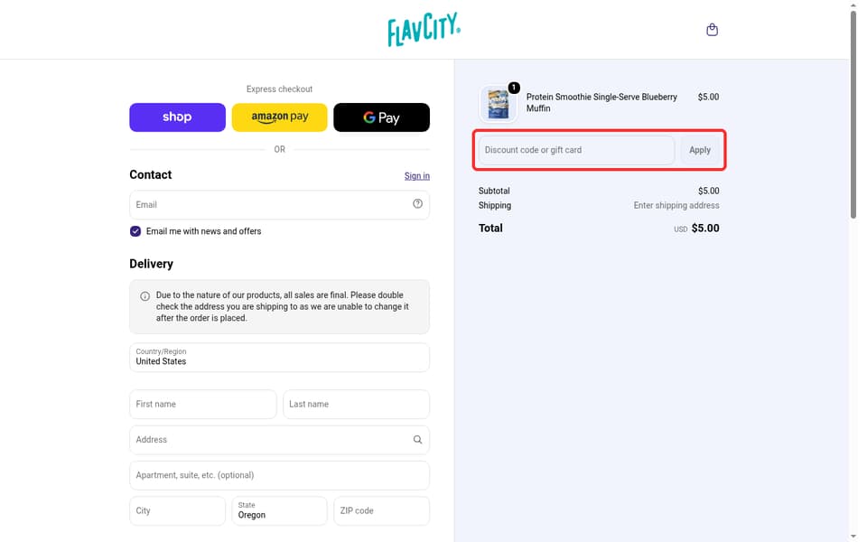 FlavCity checkout page showing the Discount code or gift card field and Apply button