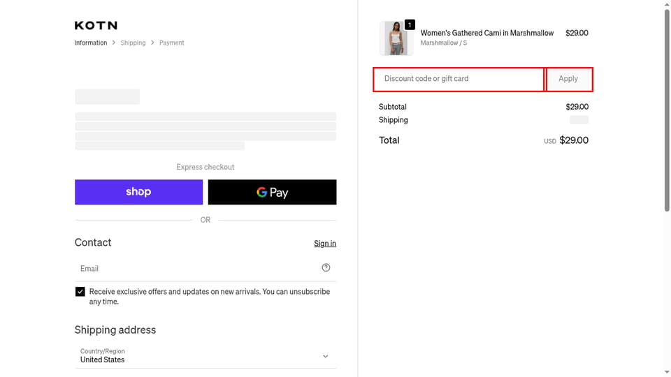 Shopify checkout page showing the Discount code or gift card field and Apply button