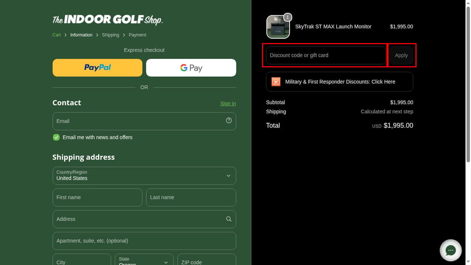 The Indoor Golf Shop checkout page showing the Discount code or gift card field and Apply button