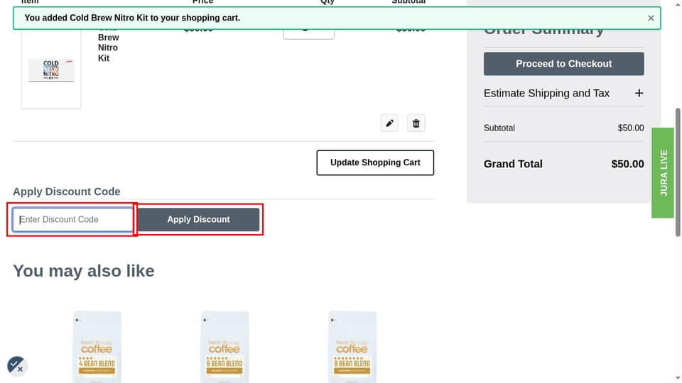 JURA checkout page showing the Enter Discount Code field and Apply Discount button