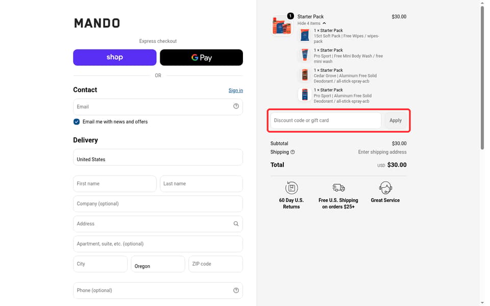 Mando checkout page showing the Discount code or gift card field and Apply button