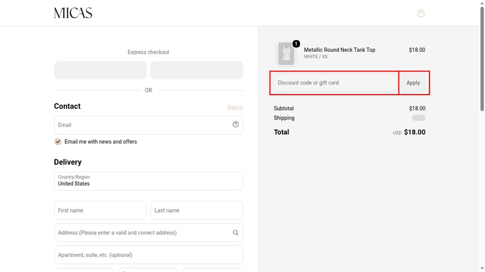 MICAS checkout page showing the Discount code or gift card field and Apply button