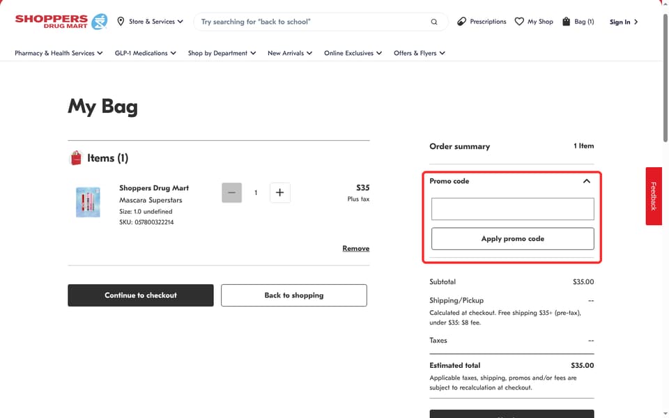 Shoppers Drug Mart checkout page showing the Promo code field and Apply promo code button