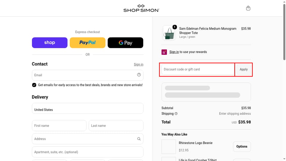 ShopSimon checkout page showing the Discount code or gift card field and Apply button