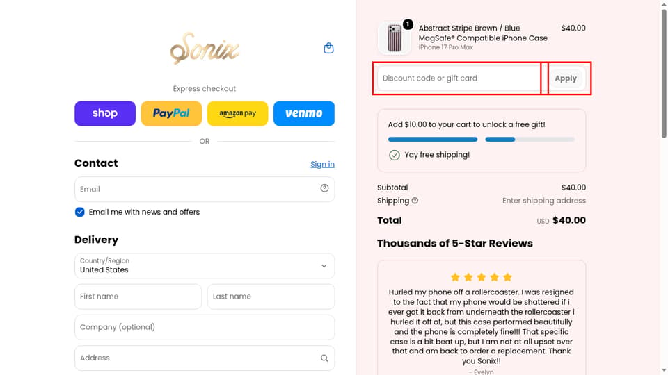 Sonix checkout page showing the Discount code or gift card field and Apply button