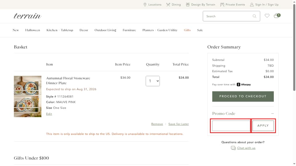 Terrain checkout page showing the Promo Code field and Apply button